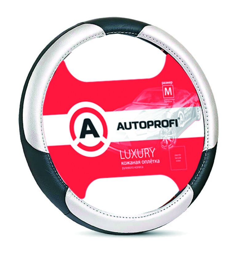 Кожаная оплётка руля AUTOPROFI AP-1010 BK/SILVER (M)
