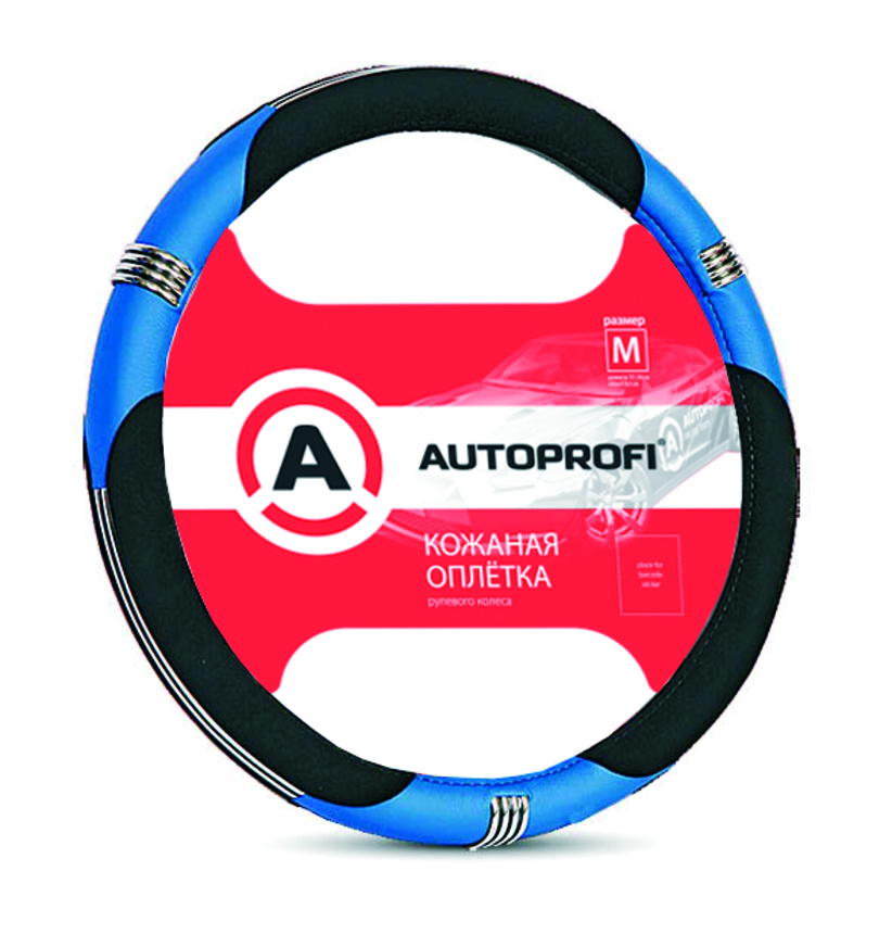 Кожаная оплётка руля AUTOPROFI AP-150 BK/BL (M)