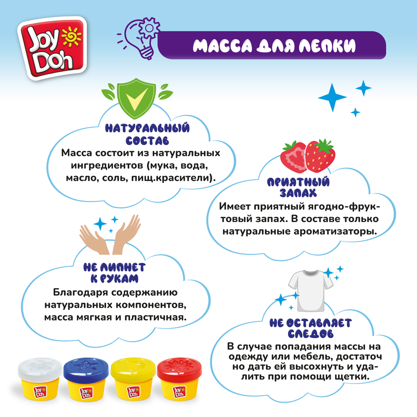 Масса для лепки Joy Doh, набор COOKIE CUTTER SET - ИЗУЧАЕМ ЦВЕТА И ФОРМЫ, 16 аксессуаров, 4 баночки теста, (4 x 50 г.) COOK-200 pot