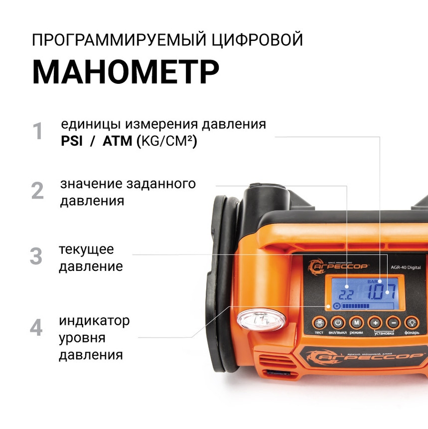 Цифровой компрессор АГРЕССОР, 35 л./мин., "5 в 1" AGR-40 Digital