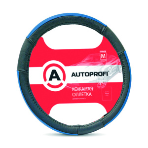 Кожаная оплётка руля AUTOPROFI AP-678 BK/BL (L)